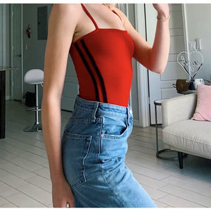 Brandy Melville Red Anna Bodysuit Ribbed with Black Side Stripe